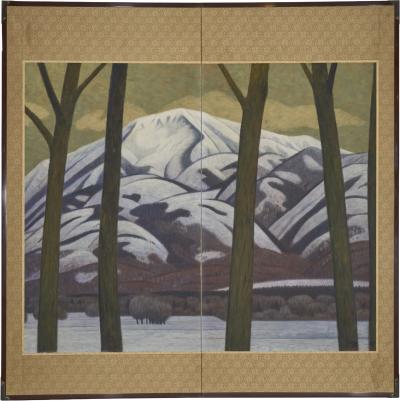 Japanese Two Panel Screen Snowy Mountain Landscape