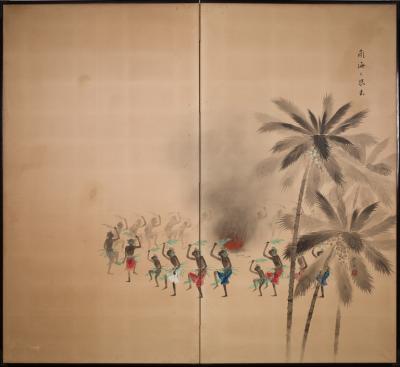 Japanese Two Panel Screen South Seas Fire Dancers