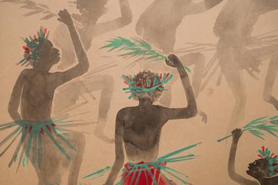 Japanese Two Panel Screen South Seas Fire Dancers