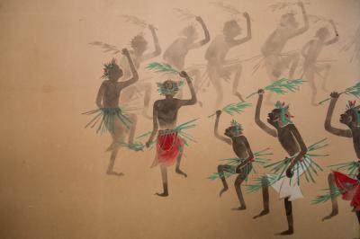 Japanese Two Panel Screen South Seas Fire Dancers