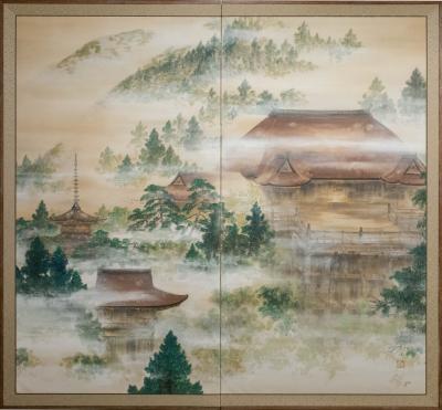 Japanese Two Panel Screen Spring Mist in Kyoto