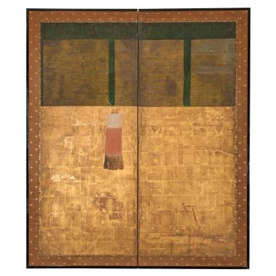 Japanese Two Panel Screen Sudare on Gold Leaf