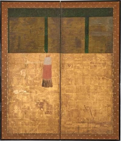 Japanese Two Panel Screen Sudare on Gold Leaf