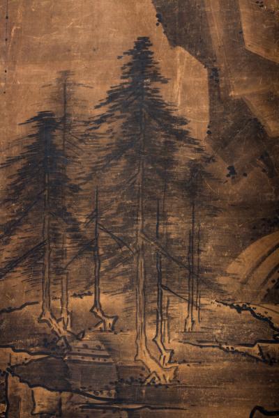 Japanese Two Panel Screen Suiboku Landscape in Sesshu Style