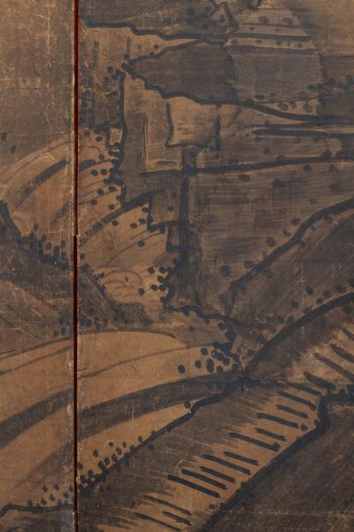 Japanese Two Panel Screen Suiboku Landscape in Sesshu Style