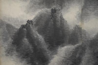 Japanese Two Panel Screen Sumi e Mountain Landscape