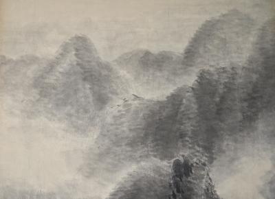 Japanese Two Panel Screen Sumi e Mountain Landscape