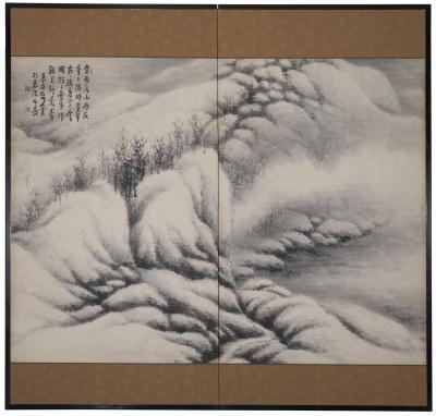 Japanese Two Panel Screen Sumi e Snow Scene