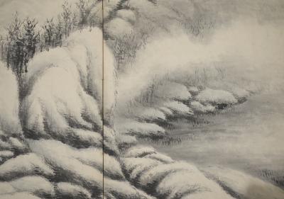 Japanese Two Panel Screen Sumi e Snow Scene