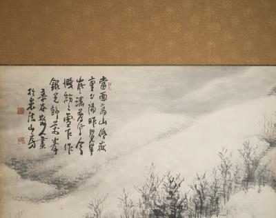 Japanese Two Panel Screen Sumi e Snow Scene