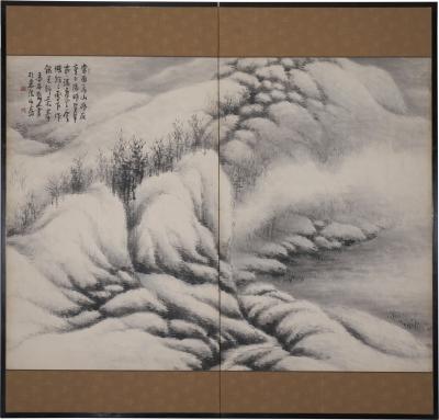Japanese Two Panel Screen Sumi e Snow Scene