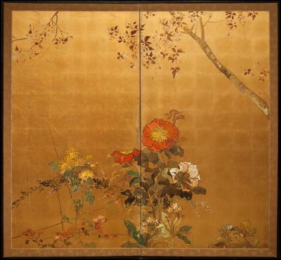 Japanese Two Panel Screen Summer Floral Landscape on Gold