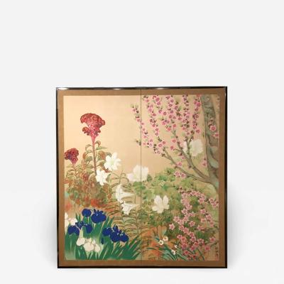 Japanese Two Panel Screen Summer Flowers