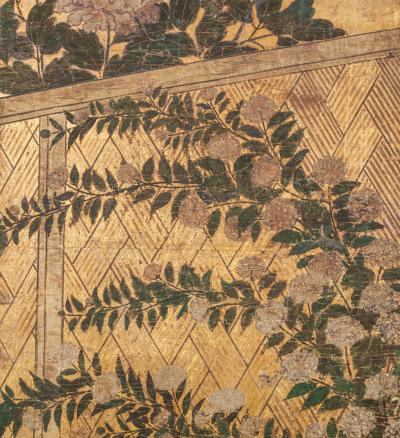 Japanese Two Panel Screen Summer Flowers in a Garden Setting