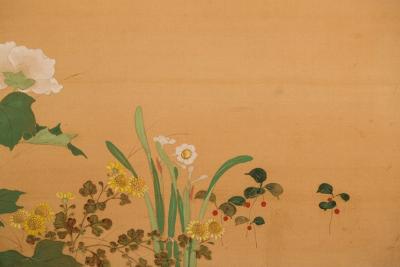 Japanese Two Panel Screen Summer Flowers on Silk