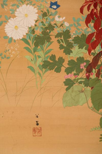 Japanese Two Panel Screen Summer Flowers on Silk