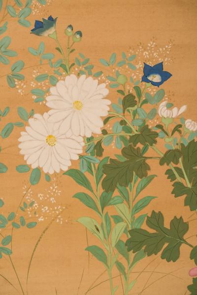 Japanese Two Panel Screen Summer Flowers on Silk