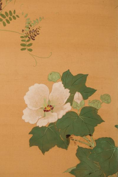 Japanese Two Panel Screen Summer Flowers on Silk