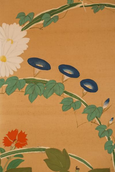Japanese Two Panel Screen Summer Flowers on Silk