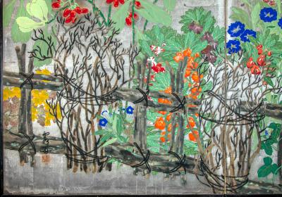 Japanese Two Panel Screen Summer Flowers on Silver