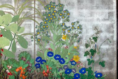 Japanese Two Panel Screen Summer Flowers on Silver