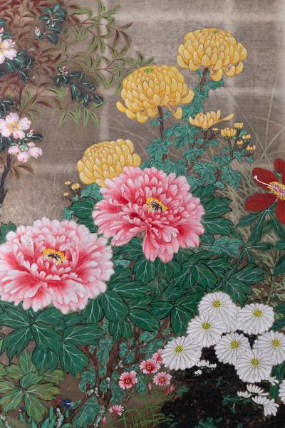 Japanese Two Panel Screen Summer Garden on Silver
