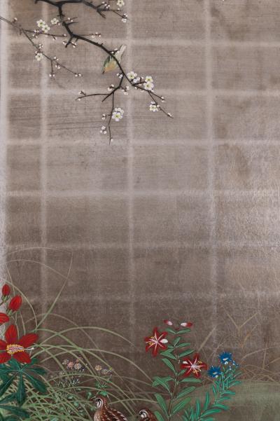 Japanese Two Panel Screen Summer Garden on Silver