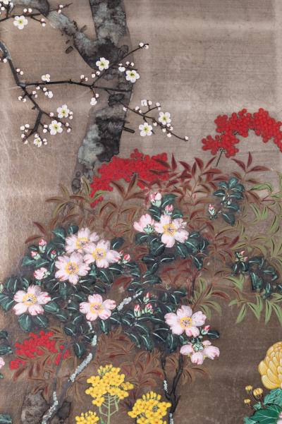 Japanese Two Panel Screen Summer Garden on Silver