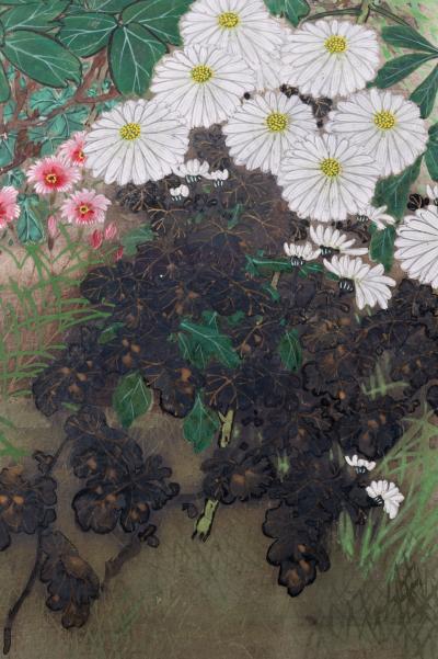 Japanese Two Panel Screen Summer Garden on Silver