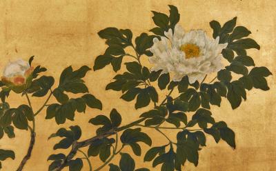 Japanese Two Panel Screen Summer Peonies in Bloom