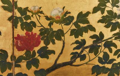 Japanese Two Panel Screen Summer Peonies in Bloom