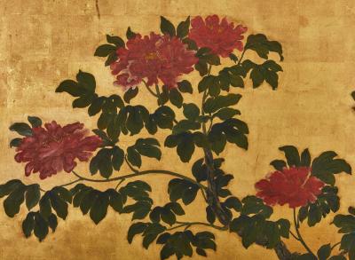 Japanese Two Panel Screen Summer Peonies in Bloom