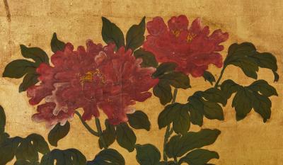 Japanese Two Panel Screen Summer Peonies in Bloom