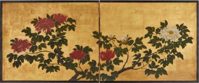 Japanese Two Panel Screen Summer Peonies in Bloom