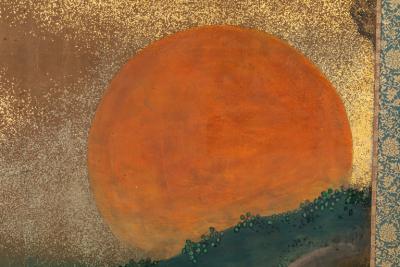 Japanese Two Panel Screen Sun Over Cresting Waves with Golden Clouds
