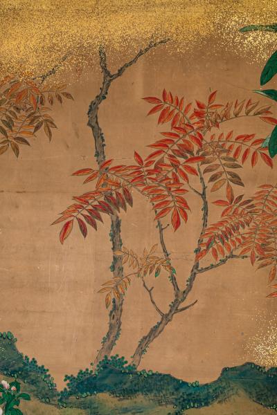 Japanese Two Panel Screen Sun Over Cresting Waves with Golden Clouds