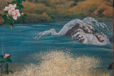 Japanese Two Panel Screen Sun Over Cresting Waves with Golden Clouds