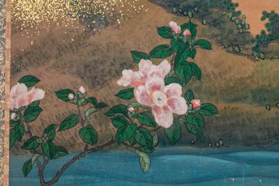 Japanese Two Panel Screen Sun Over Cresting Waves with Golden Clouds