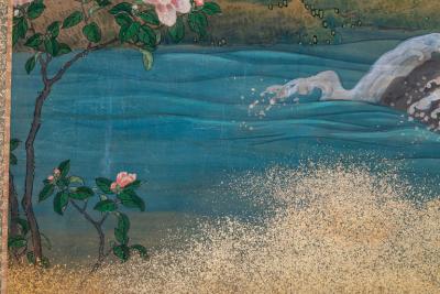 Japanese Two Panel Screen Sun Over Cresting Waves with Golden Clouds