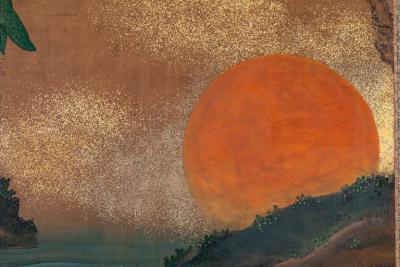 Japanese Two Panel Screen Sun Over Cresting Waves with Golden Clouds