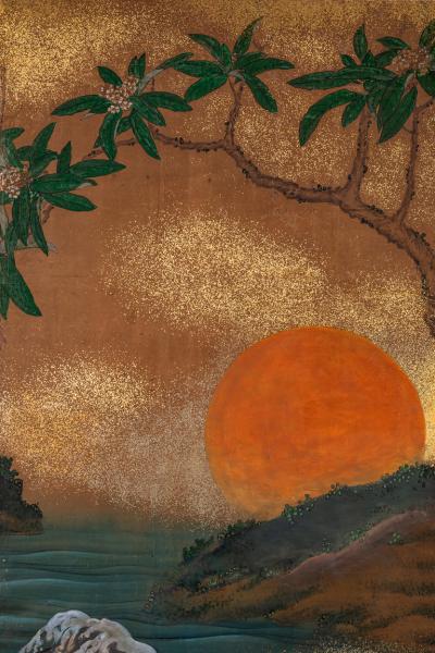 Japanese Two Panel Screen Sun Over Cresting Waves with Golden Clouds