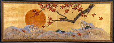 Japanese Two Panel Screen Sun and Cresting Waves Through Maple