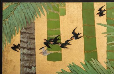 Japanese Two Panel Screen Swallows in Tropical Landscape