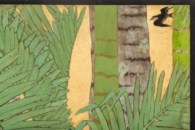 Japanese Two Panel Screen Swallows in Tropical Landscape