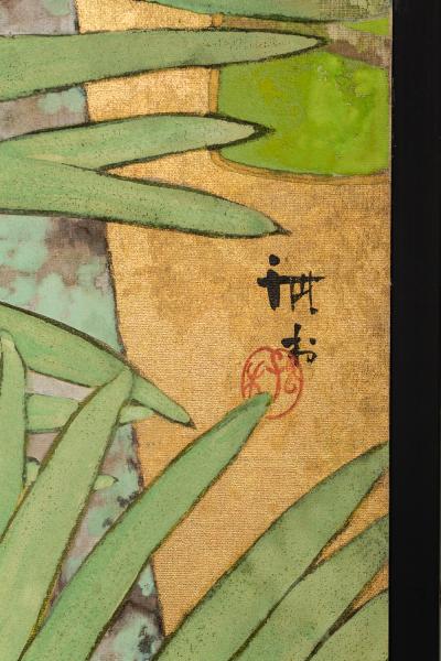 Japanese Two Panel Screen Swallows in Tropical Landscape