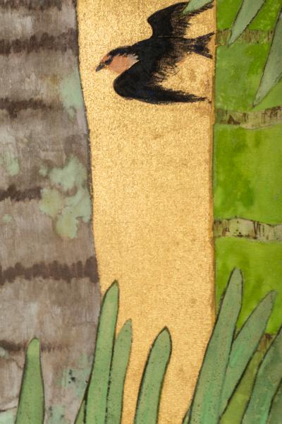 Japanese Two Panel Screen Swallows in Tropical Landscape