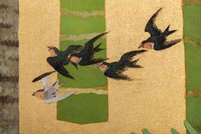 Japanese Two Panel Screen Swallows in Tropical Landscape