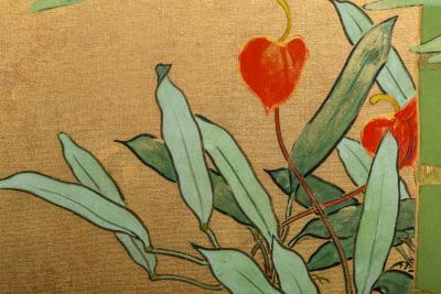 Japanese Two Panel Screen Swallows in Tropical Landscape