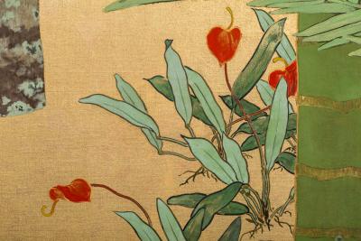 Japanese Two Panel Screen Swallows in Tropical Landscape
