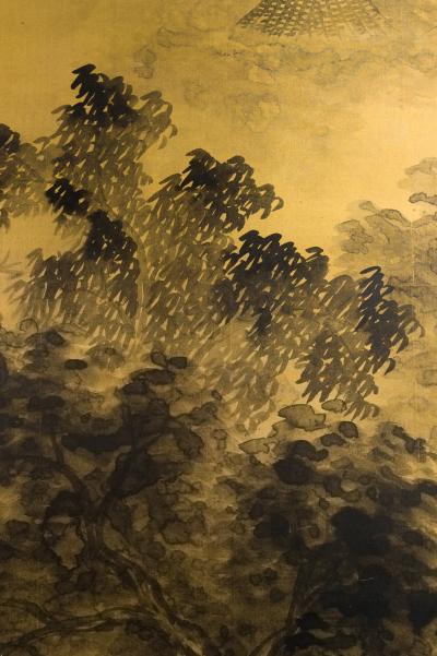 Japanese Two Panel Screen Temples Through Misty Forest